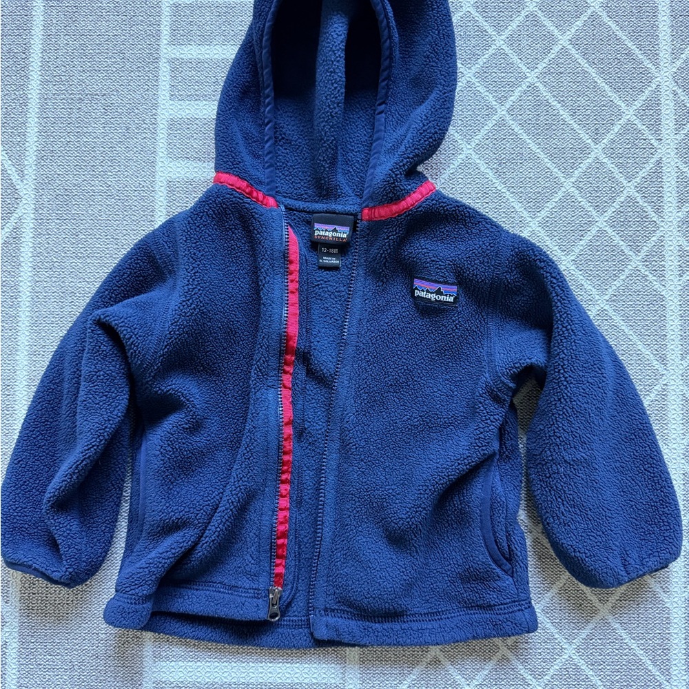 Patagonia Kids Blue Fleece Hoodie with Red Trim
